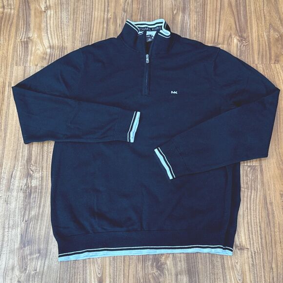 Michael Kors Men's 1/4-zip Black Striped Sweatshirt Mock Neck Fleece Pullover XL - Picture 1 of 5